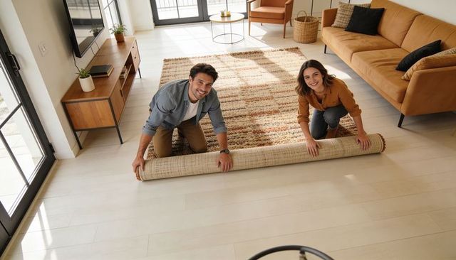 Young couple unrolling woven rug in sunlit midcentury modern living room