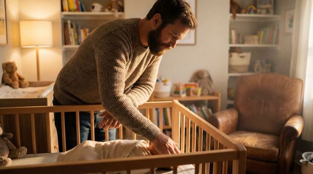 Father soothing swaddled infant in cozy nursery with warm light and wooden crib