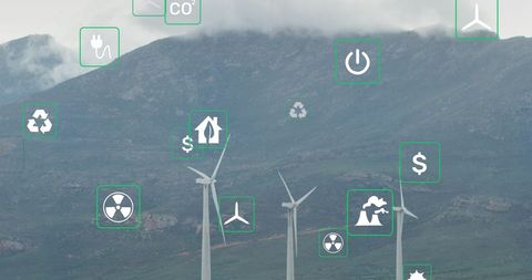 Renewable Energy Icons with Wind Turbines on Mountain Landscape