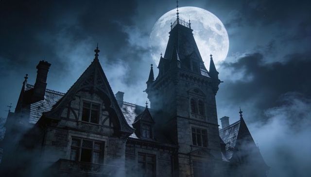 Moonlit gothic mansion with tower and fog, haunted victorian manor at night, eerie atmosphere