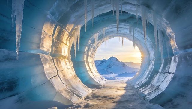 Sunlit glacier ice tunnel framing snow-capped peaks at golden arctic sunrise