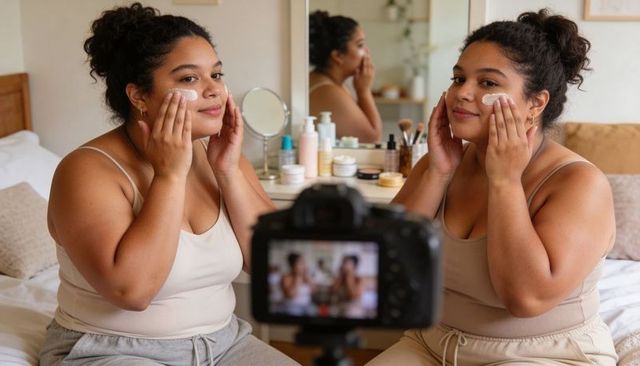 Beauty creator applying facial cream at vanity with dslr camera and mirror reflection