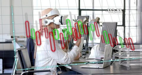 Professional Analyzing Candlestick Charts with VR Headset in Modern Office