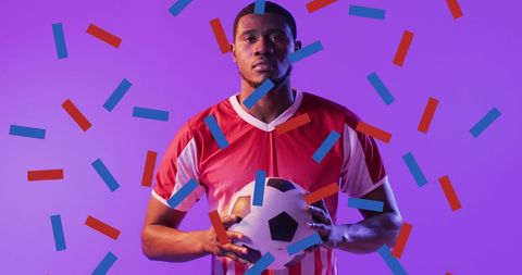 Focus on Soccer Player Amid Confetti in Vibrant Digital Design