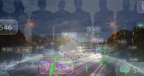 Data Visualization Overlay on Urban Landscape with Silhouettes