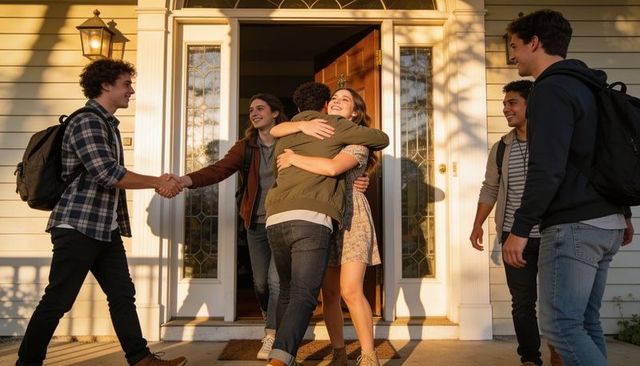 Teen friends reuniting on suburban porch hugging, handshaking and laughing at golden hour