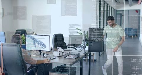 Colleagues Discussing Futuristic Robotics Project in Modern Office