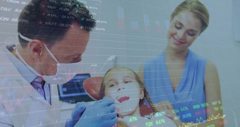 Dentist examining young patient while guardian watches as financial data overlays clinic