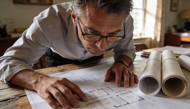 Leaning architect studying detailed floor plans on rustic wooden desk with rolled blueprints