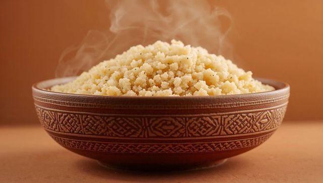 Steaming couscous in carved ceramic bowl on warm rustic tabletop, fluffy grains, soft steam