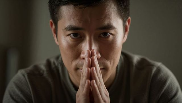 Contemplative introspective asian man holding hands in prayer closeup lowlight warm portrait
