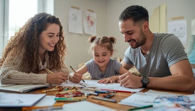Family Engaged in Collaborative Coloring at Home