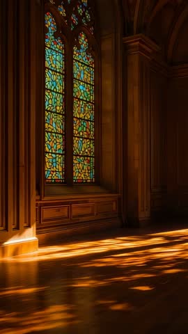 Panning vertical video of stained glass sunlight casting warm patterns across historic hall interior