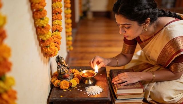 Woman lighting brass diya at home altar with ganesha during puja in cream saree