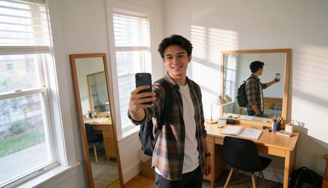 Young student taking selfie in bright dorm room with backpack, desk, study supplies