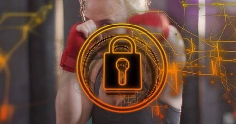 Female Boxer Training with Futuristic Digital Lock Overlay Representing Cybersecurity Resilience