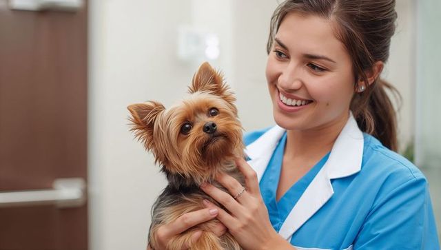 Vet technician cradling yorkshire terrier in exam room