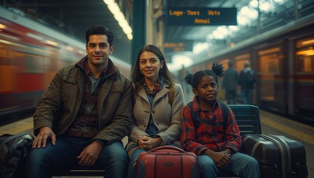 Family awaiting train at platform with luggage and anticipation
