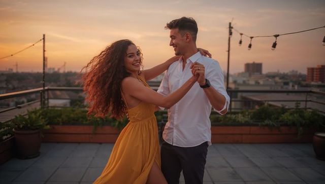Rooftop sunset dance romantic couple mustard dress white shirt embracing city skyline