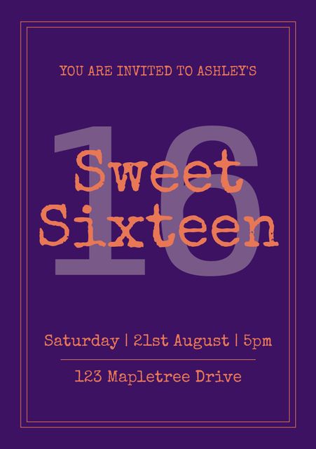 This vibrant Sweet Sixteen invitation features bold text and essential event details against a deep purple background. Ideal for personalizing 16th birthday parties, announcing a celebrated milestone, and inviting guests to join in the special occasion. Perfect for both digital and printed versions for a stylish and memorable presentation.