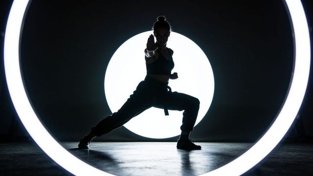 Backlit martial artist silhouette performing low fighting stance with ring light dramatic