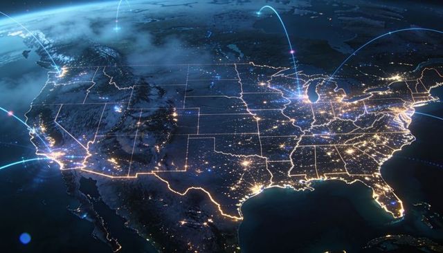 Nighttime United States with Glowing State Borders and Blue Network Arcs from Orbit