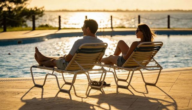 Couple relaxing on poolside loungers at sunset on private waterfront deck