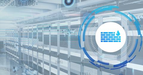 Data security concept with digital firewall icon in server room