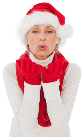 Senior Woman in Christmas Hat Blowing Wishes Transparent Background