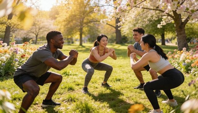 Group performing synchronized squats in sunny spring park for outdoor fitness, camaraderie