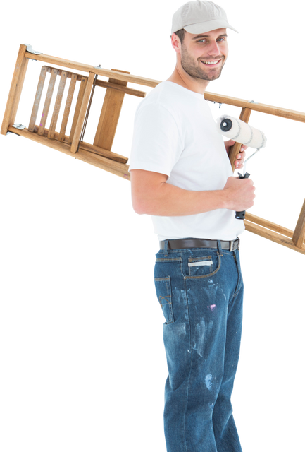 Transparent happy man holding paint roller and step ladder in casual attire - Download Free Stock Videos Pikwizard.com