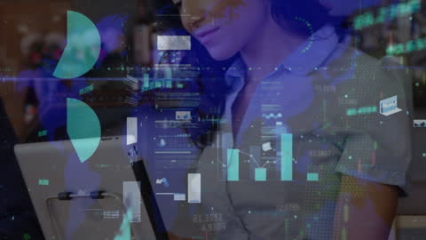 Happy Woman Using Tablet with Financial Data Overlay