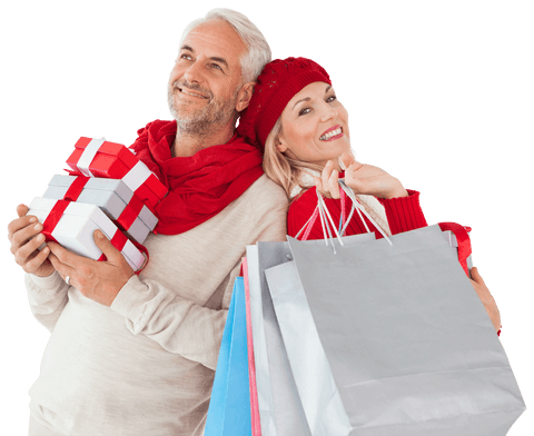 Happy Couple with Shopping Bags and Gifts on Transparent Background