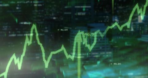 Neon green stock market trendline rising over night city skyline with numeric data labels
