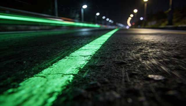 Neon green center line cutting across wet urban road at night with motion light trails