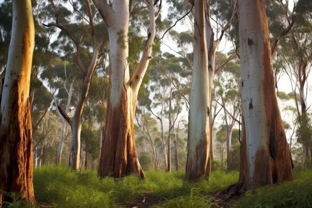 Sunlit Forest with Tall Eucalyptus Trees in Verdant Underbrush - Download Free Stock Images Pikwizard.com