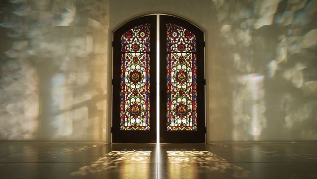 Sunlight streaming through stained glass doors