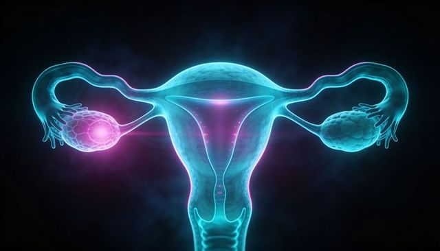Neon 3d illustration of female reproductive system showing uterus, fallopian tubes, ovary