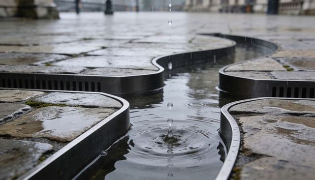 Curved metal drainage channel creating ripples on wet cobblestone plaza with rain