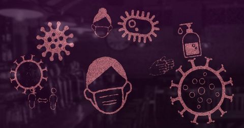 Covid-19 pandemic icons overlaying urban imagery