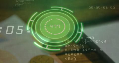 Futuristic green holographic hud showing 499 above desk with coins and smartphone