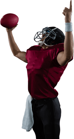 Triumphant American Football Player Raising Ball Transparent Background