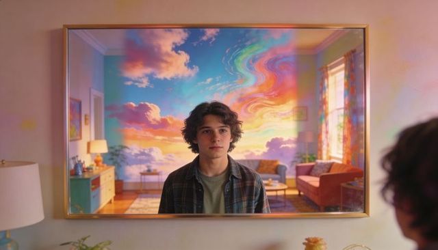 Teen standing in mirror reflection with dreamy cloud mural and colorful living room