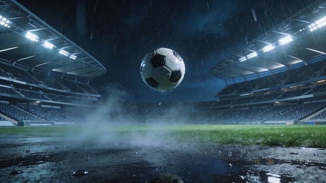 Hovering soccer ball dripping above rain-soaked pitch under dramatic stadium floodlights