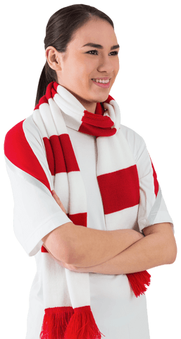 Smiling Football Fan Wearing Red and White Transparent Scarf