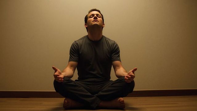 Man meditating cross-legged on hardwood floor under warm overhead light