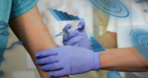 Clinician administering vaccine with augmented reality data overlays, purple gloves