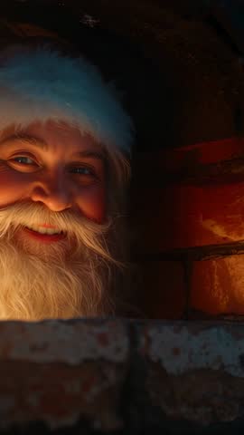 Santa Peering Down Chimney with Warm Hearth Glow | Vertical Holiday Video