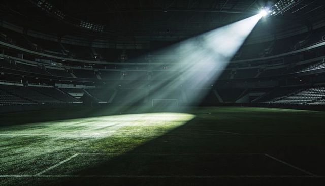 Floodlight beaming across empty soccer pitch through haze creating dramatic broadcast scene