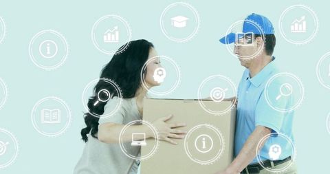 Courier delivering package to woman with digital ui icons for ecommerce and logistics